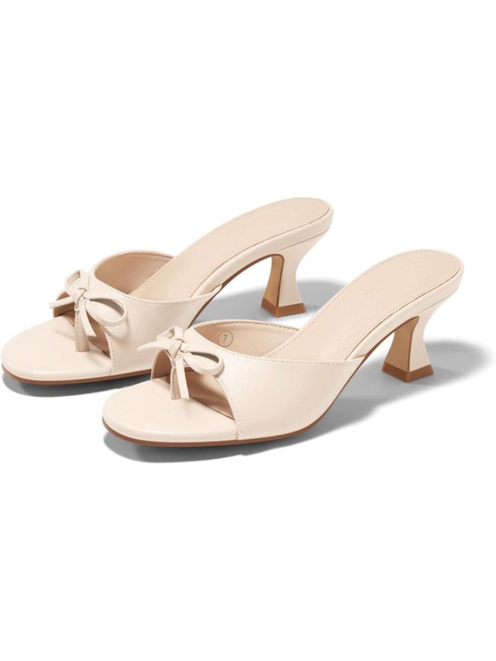 Women's Kitten Heels Sandals Bow Mules Beige Open Flops Summer Slides Shoes